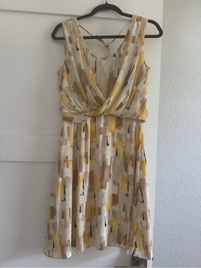 White House Black Market Yellow, Ivory & Tan Abstract Midi Dress